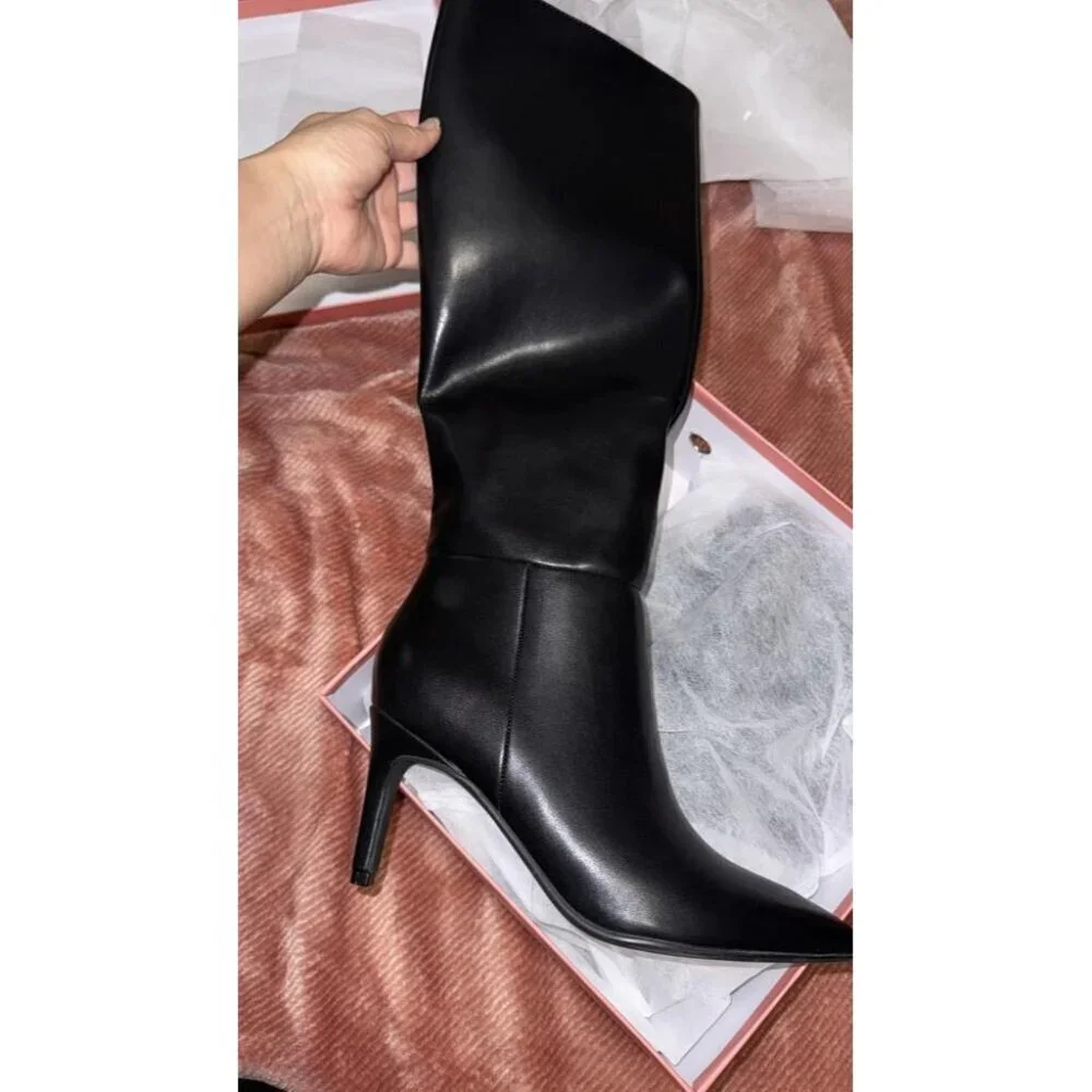 🆕Women Black Faux Leather Pointed Toe Tall  Stiletto Heel Zipper Dress Boots
